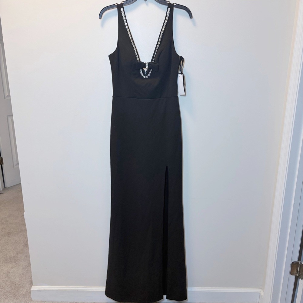 City Studio Black Rhinestone Trim Bow V-Neck Maxi Dress Size 9/10 NWT